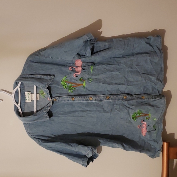 The quacker Factory flamingo, palm tree short sleeve button up jean top size 3X - Picture 1 of 4